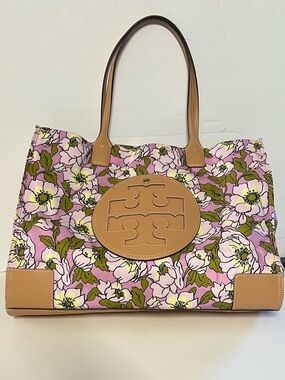 Tory Burch Pink Floral Tote with Tan Leather Trim